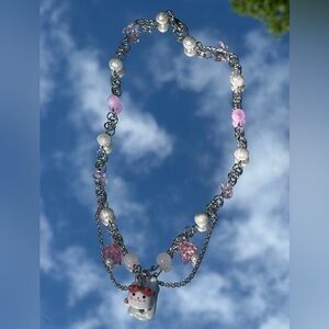 Pink kitten beaded chain necklace handmade by me